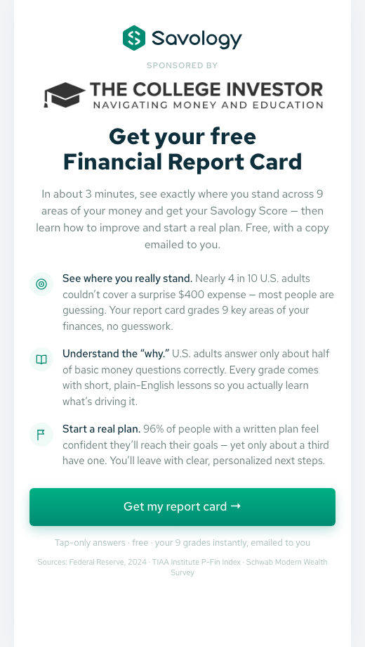 The College Investor's co-branded Savology report card survey: the creator's masthead above Savology's three-minute survey