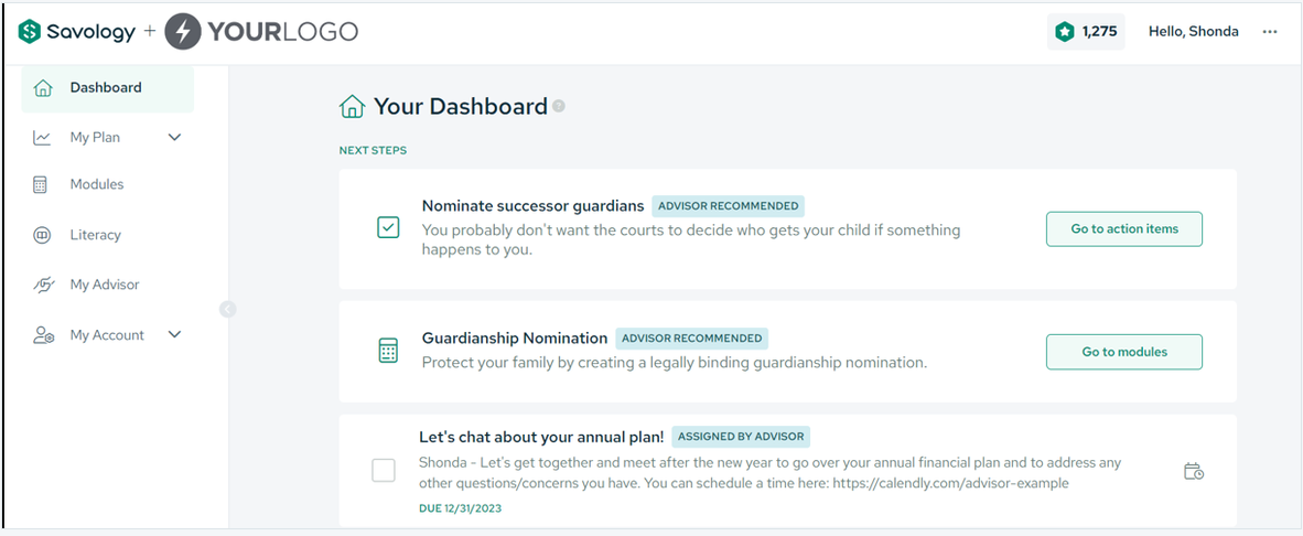 The Savology member dashboard co-branded Savology plus the member organization's logo, showing next steps, My Plan, Modules, Literacy and reward stars