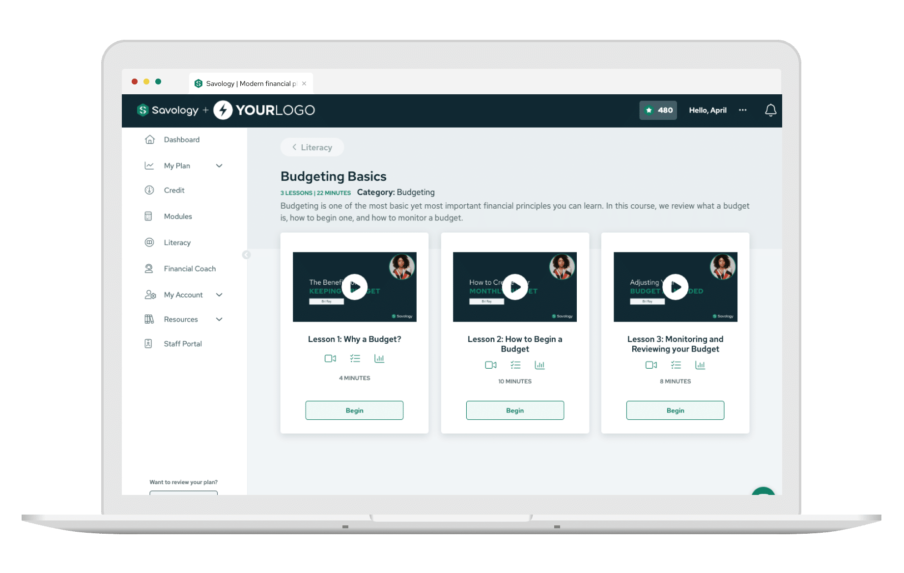 The co-branded Savology platform showing your logo beside Savology's, with the client education library on a laptop