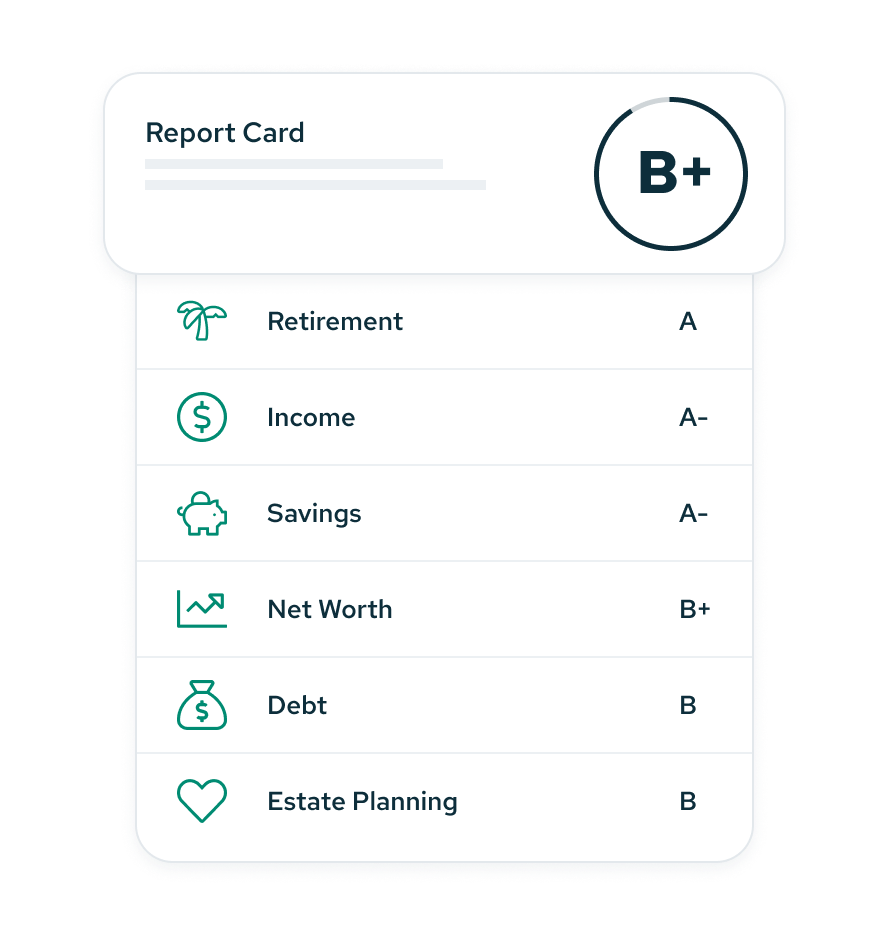 A Savology report card: an overall grade with letter grades across retirement, income, savings, net worth, debt and estate planning.
