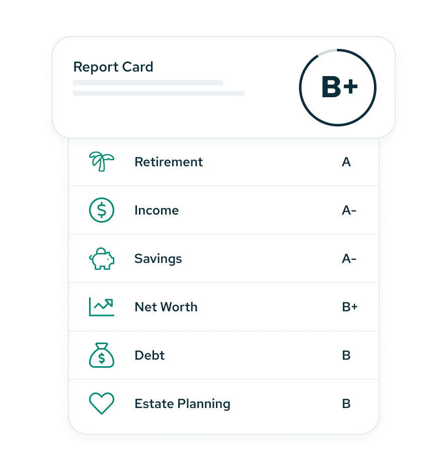 The Savology financial report card with letter grades across retirement, income, savings, net worth, debt, and estate planning