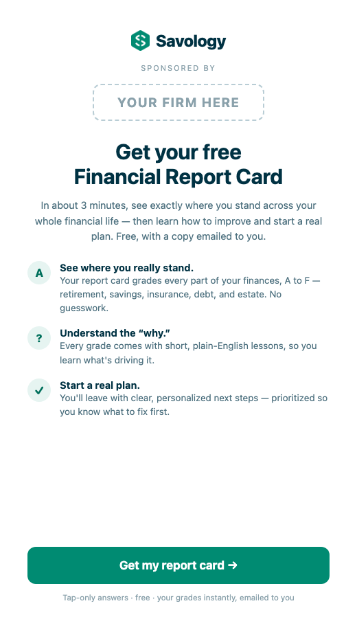 The Savology short survey co-branded with a placeholder firm masthead reading Your Firm Here